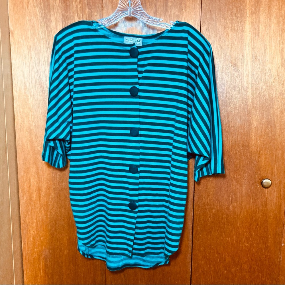 Vintage 80s Striped Teal and Black Button-Up Top Size 14/16